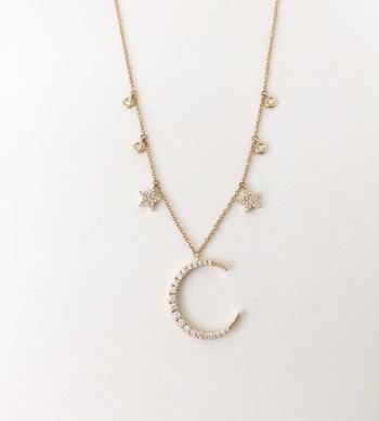 14K diamond crescent moon necklace with stars and bezel diamonds