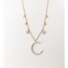 14K diamond crescent moon necklace with stars and bezel diamonds